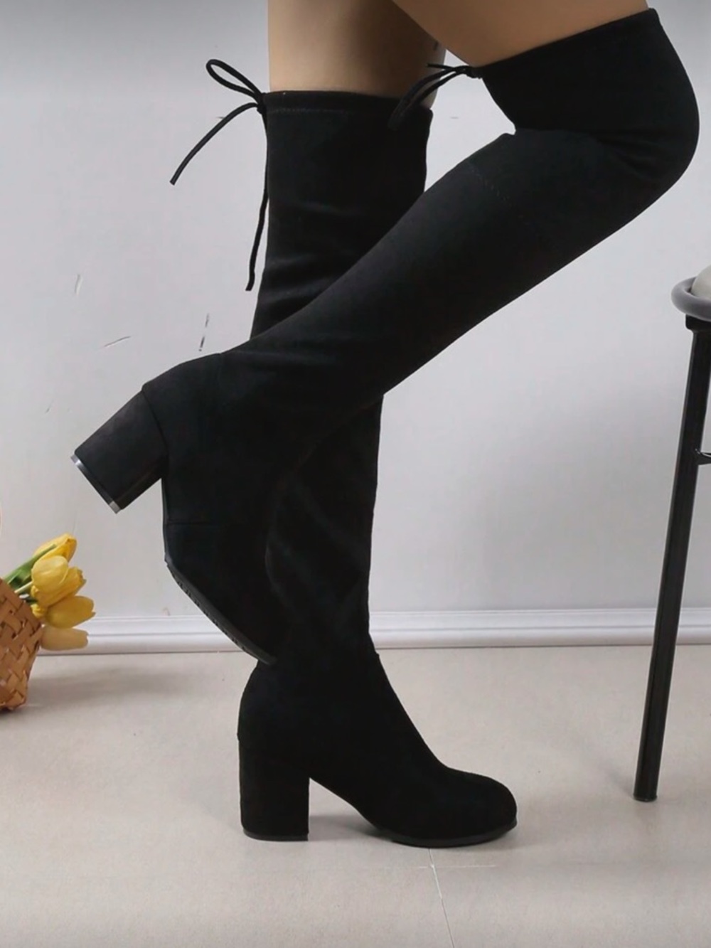 Black Over-the-Knee Block Heel Boots - Womens